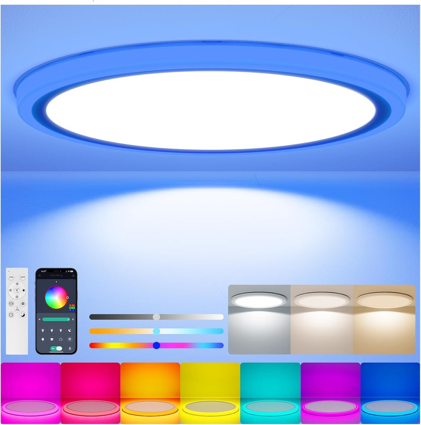 Aphyni RGB LED Ceiling Light Fixture with Remote, 3600LM Flush Mount Light Fixture, DIY Colors, Disco Mode, 3000K-6500K Dimmable Ceiling Lights for Bedroom, Living Room, Smart App, 15.8 Inch 36W White