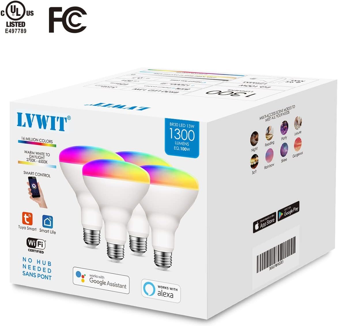 LVWIT Smart Light Bulbs Alexa, BR30 100W Equivalent, E26 Smart LED, Work with Google Assistant, Smart Life App, Tuya App, RGB Color Changing Bulb (13W), No Hub Required, 4-Pack