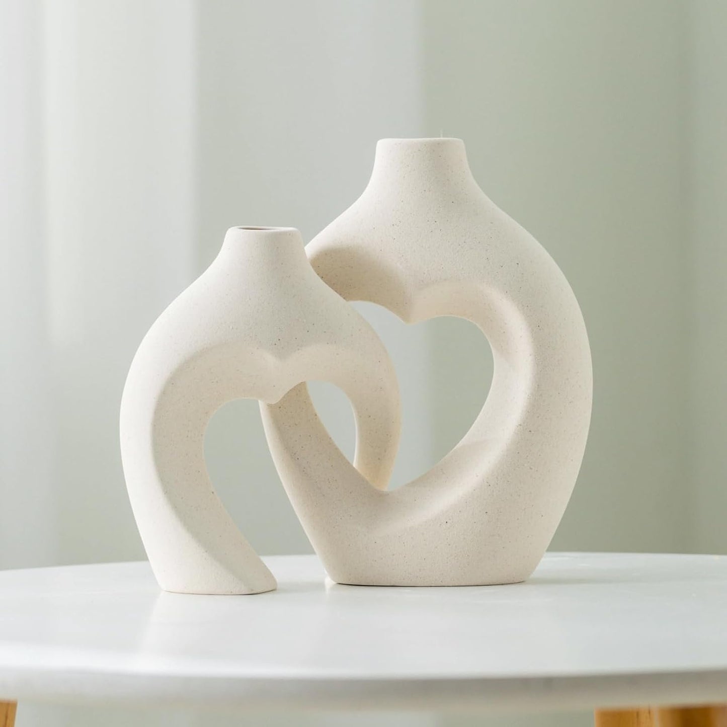 Ceramic Vase for Home Decor, Snuggle Hollow Ceramic Vase Set of 2, Nordic Modern Boho ins Style Heart Shaped Pampas Grass Flower Vases for Living Room Table Decorations (Beige W 6.3" X H 8.1")