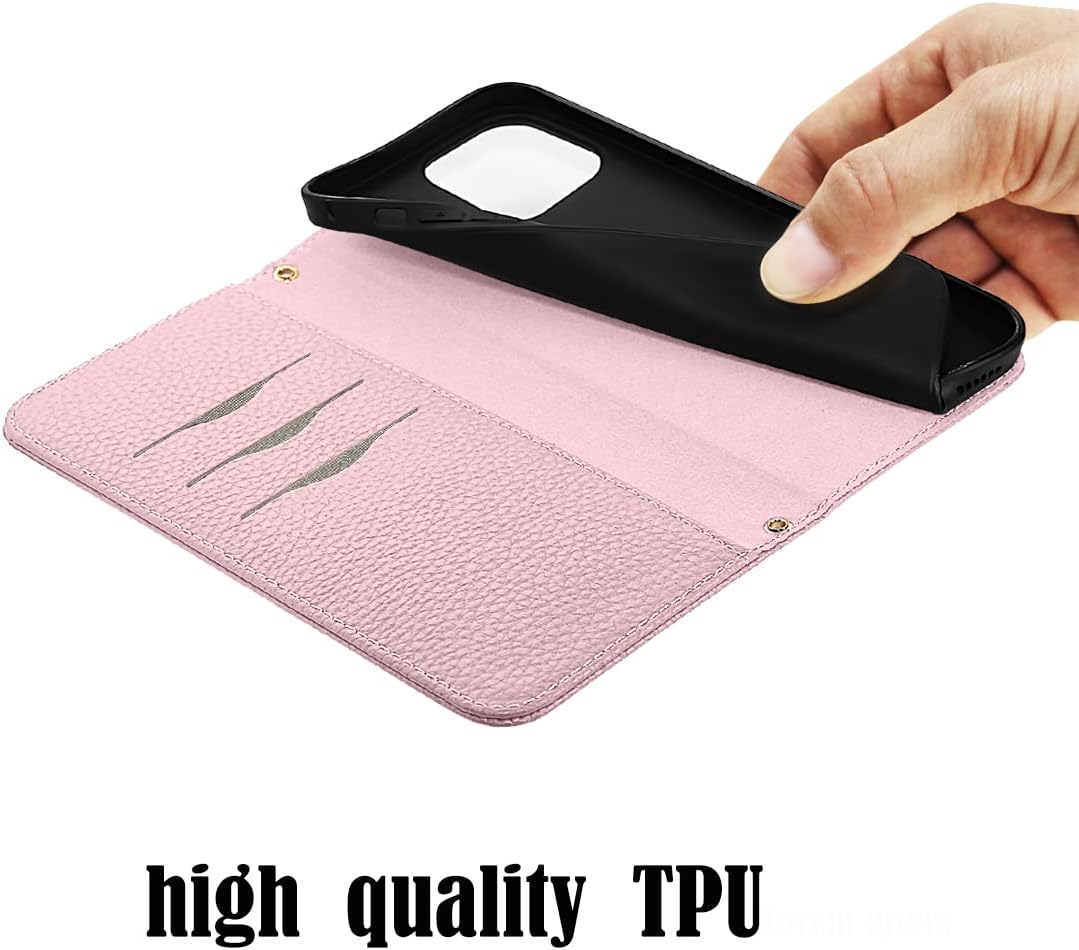 NanHou iPhone 16e Case Leather Case RFID Blocking Folio Wallet Case Magnetic Closure Kickstand Wrist Strap Card Holder Shockproof Flip Cover - Pink