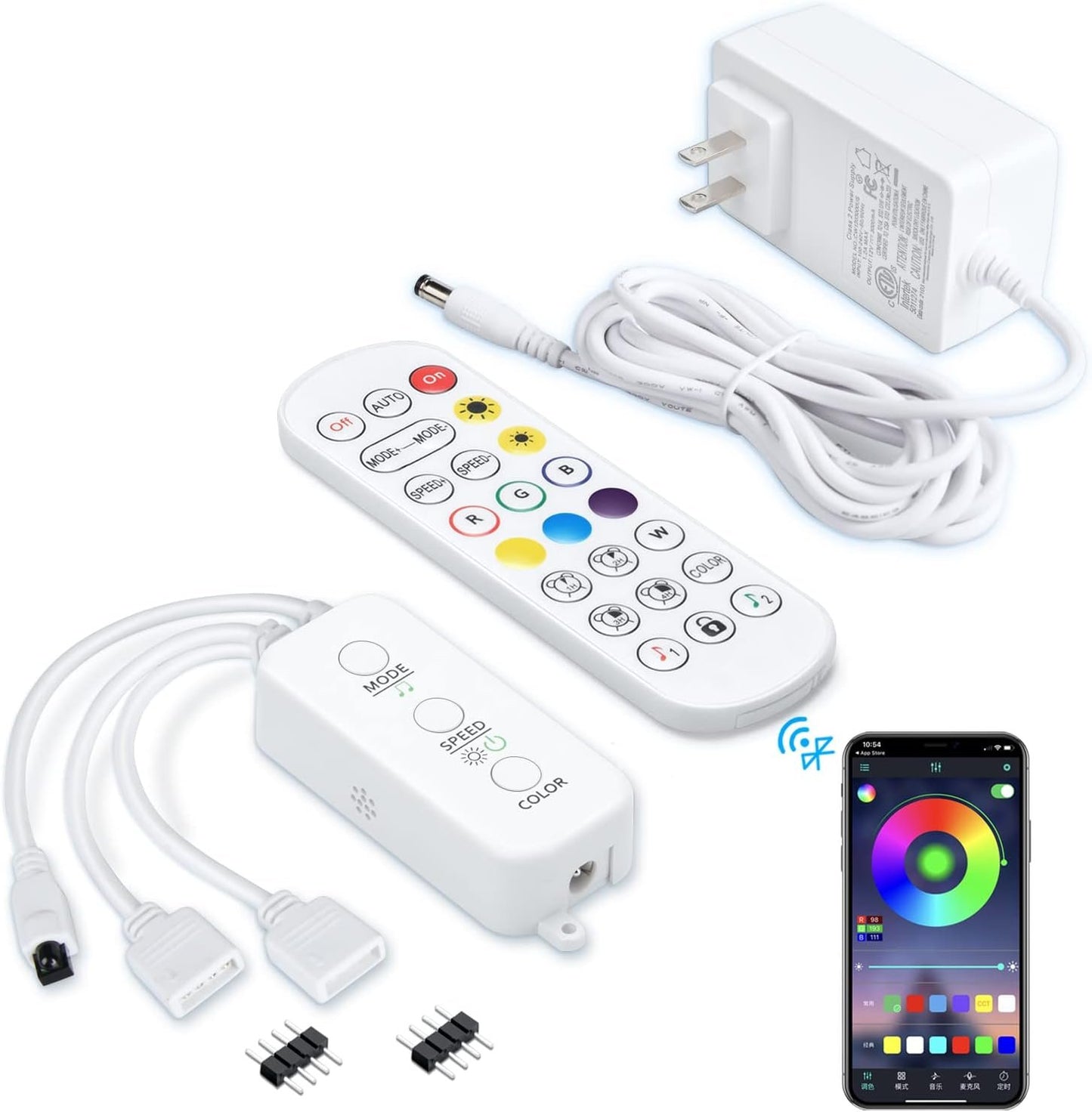 LED Remote Replacement with Controller, Bluetooth RGB LED Controller Set with APP/Music Sync Only Compatible with 12V 10mm RGB LED Lights Strip (12V/36W Power Adapter Included)