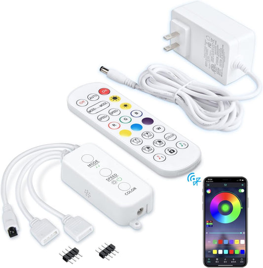 LED Remote Replacement with Controller, Bluetooth RGB LED Controller Set with APP/Music Sync Only Compatible with 12V 10mm RGB LED Lights Strip (12V/36W Power Adapter Included)