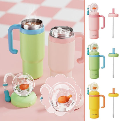 24oz Stainless Steel Whale Fountain Tumbler with Handle,Whale Water Bottle with Fun Fountain Effect,Two Lids,Drinking Cup with Whale Squirt for Kids,Teens,Adult,Dishwasher Safe