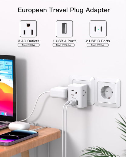 2 Pack European Travel Plug Adapter, International Travel Adapter with 3 Outlets 3 USB Charging Ports(2 USB C), Power Plug Adapter Travel Essentials to Italy France Germany Spain Greece (Type C)