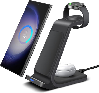3 in 1 Wireless Charger Stand Charging Station for Samsung Devices 15W Fast Charge for Galaxy S24/S23/S22/S21/S20/S10,Note 20/10, Galaxy Buds Pro/Live, Galaxy Watch6/5 Pro/5/4/3/Active 2