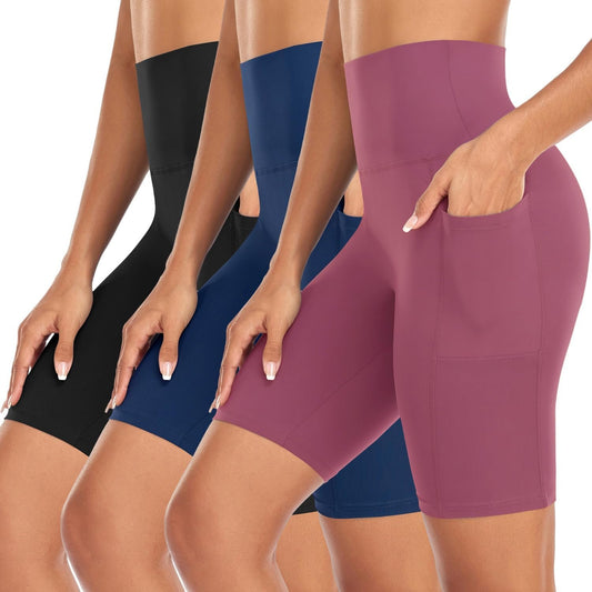 NEW YOUNG 3 Pack Biker Shorts Women with Pockets - High Waisted 5"/8" Tummy Control Black Workout Yoga Summer Short
