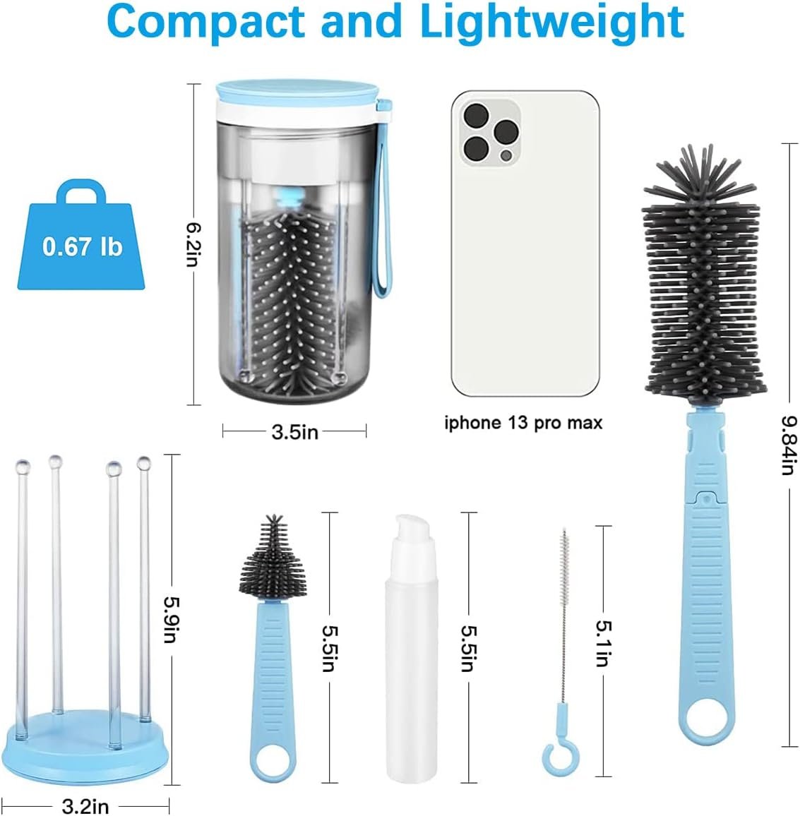 Portable Baby Bottle Brush Travel Set Cleaner, Travel Bottle Cleaning Kit Baby Essentials Newborn Silicone Nipples Cleaning Brushes and Portable Baby Bottle Drying Rack Set Mini Washing Kit Cleaner