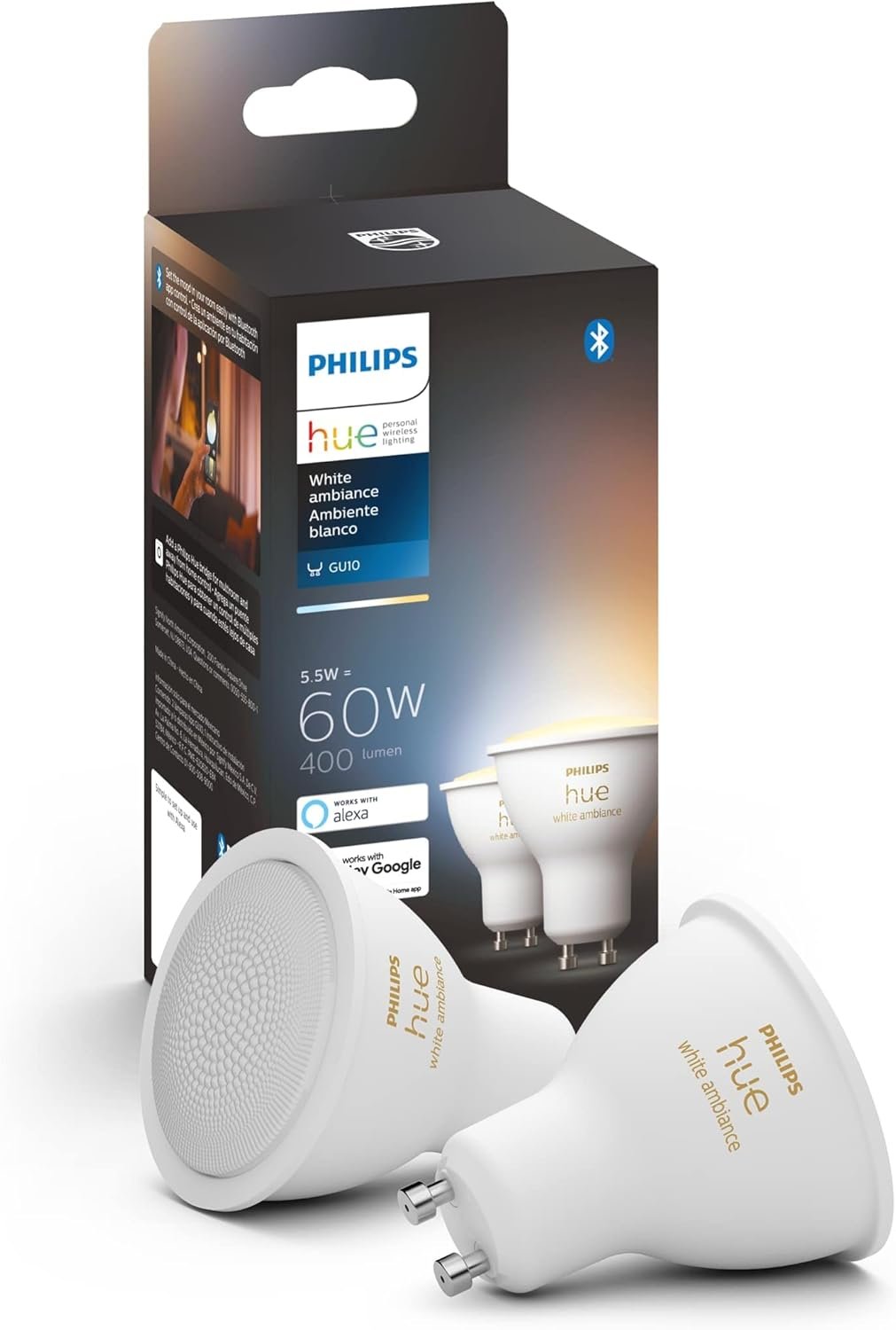 Philips Hue Smart 60W GU10 LED Bulb - White Ambiance - 2 Pack - 450LM - Indoor - Control with Hue App - Works with Alexa, Google Assistant and Apple Homekit