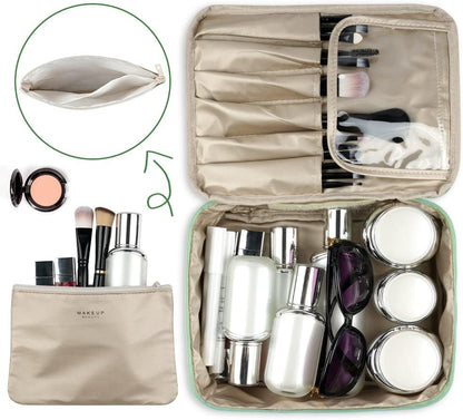 Aucuu Women Beauty Case Travel Cosmetic Organizer Travel Makeup Bag with Double Face Pocket Travel Toiletry Bag for Travel/Outdoor, #4 Green (M), M, Toiletry Bags