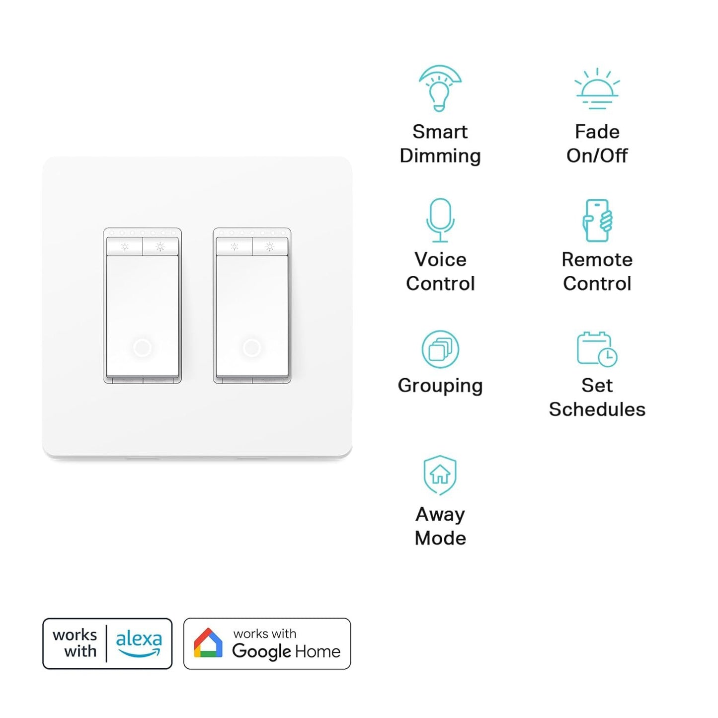 Kasa Smart Dimmer Switch 2-Gang HS220-2, Single Pole, Needs Neutral Wire, 2.4GHz Wi-Fi Light Switch Compatible with Alexa and Google Home, UL Certified, No Hub Required, White