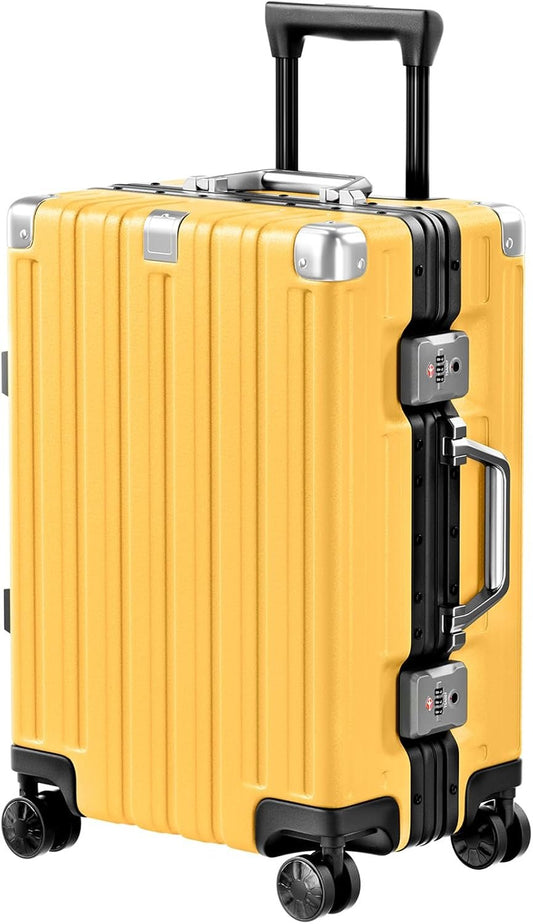 Krute Carry On Luggage PC+ABS Luggage Aluminum Frame Zipperless Lightweight Hardshell Suitcase with TSA Lock Spinner Wheels 20 Inch Yellow