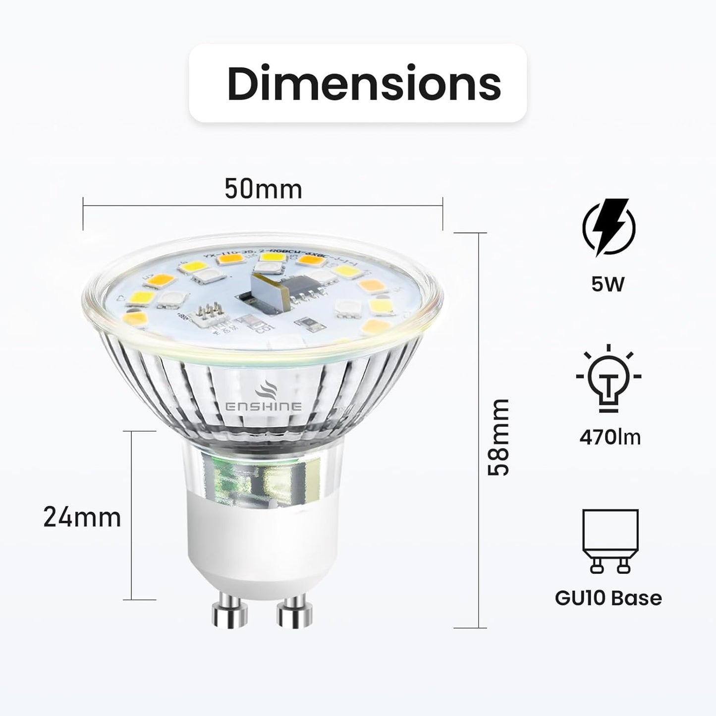 Enshine GU10 Smart Bulb, Warm to Cool White and RGB WiFi led Light Bulbs, Dimmable Colour Changing, Compatible with Alexa and Google Home, Music Sync, 5W(50W), 470 Lumens, No Hub Required, 4 Pack