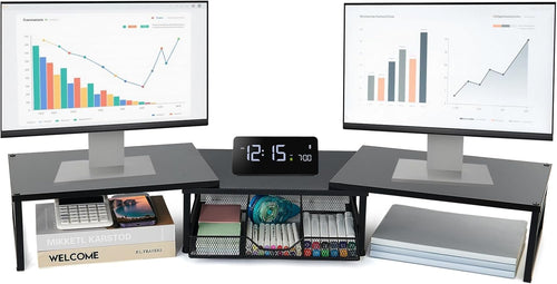 OPNICE Dual Monitor Stand Riser, Wooden Desk Organizer with Drawer, Office Desk Organizers and Accessories, Office Workspace Organization Computer Monitor Stand for Laptop, Printer, TV, Office