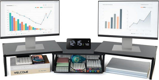 OPNICE Dual Monitor Stand Riser, Wooden Desk Organizer with Drawer, Office Desk Organizers and Accessories, Office Workspace Organization Computer Monitor Stand for Laptop, Printer, TV, Office