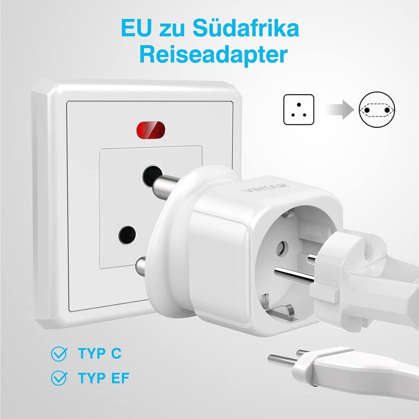 VINTAR 1PC South Africa Plug Adapter Travel Adapter Germany/EU to South Africa South Africa Mozambique Bhutan Travel Adapter Type M CE Approved