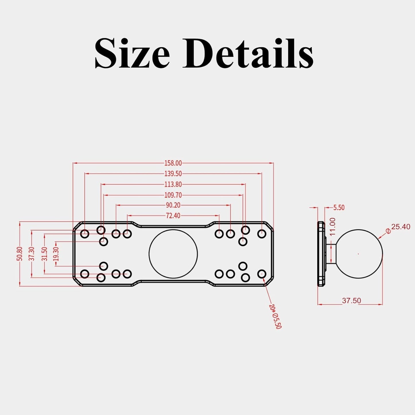 BRCOVAN Aluminum Alloy Marine Electronic Plate with 1'' TPU Ball for RAM Mounts B Size Double Socket Arm for Garmin/Humminbird/Lowrance GPS Chartplotters, Fish Finders and Marine Electronic Mount