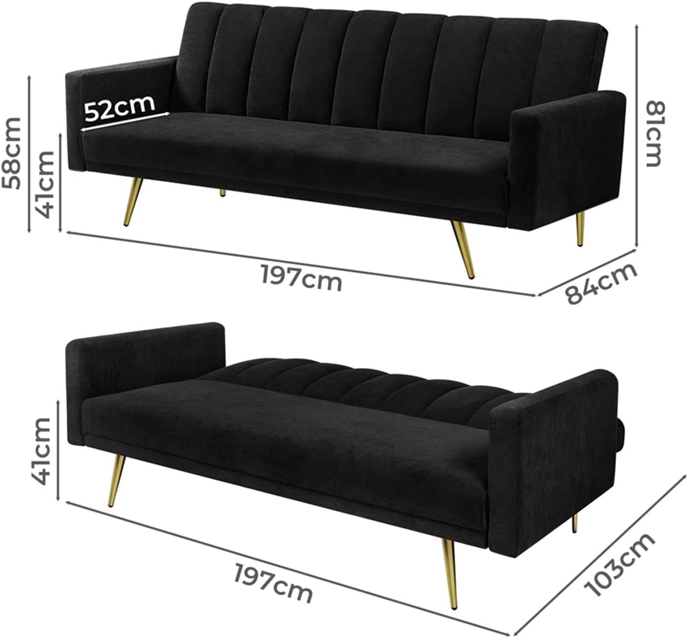 LEVEDE 3 Seater Sofa Bed Convertible, Velvet Loveseat Sofa Couch, Recliner Sofa Lounge with 3 Adjustable Backrest Positions, Spare Bed for Guest, Load Up to 220kg (197cm, Black)