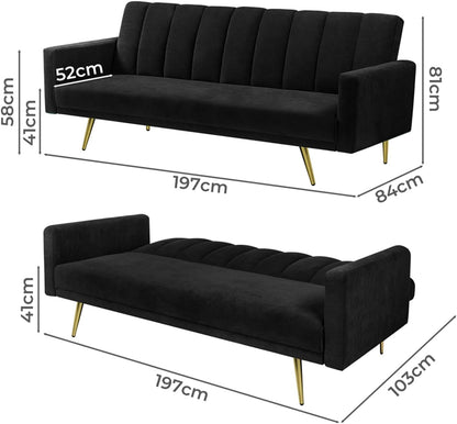 LEVEDE 3 Seater Sofa Bed Convertible, Velvet Loveseat Sofa Couch, Recliner Sofa Lounge with 3 Adjustable Backrest Positions, Spare Bed for Guest, Load Up to 220kg (197cm, Black)