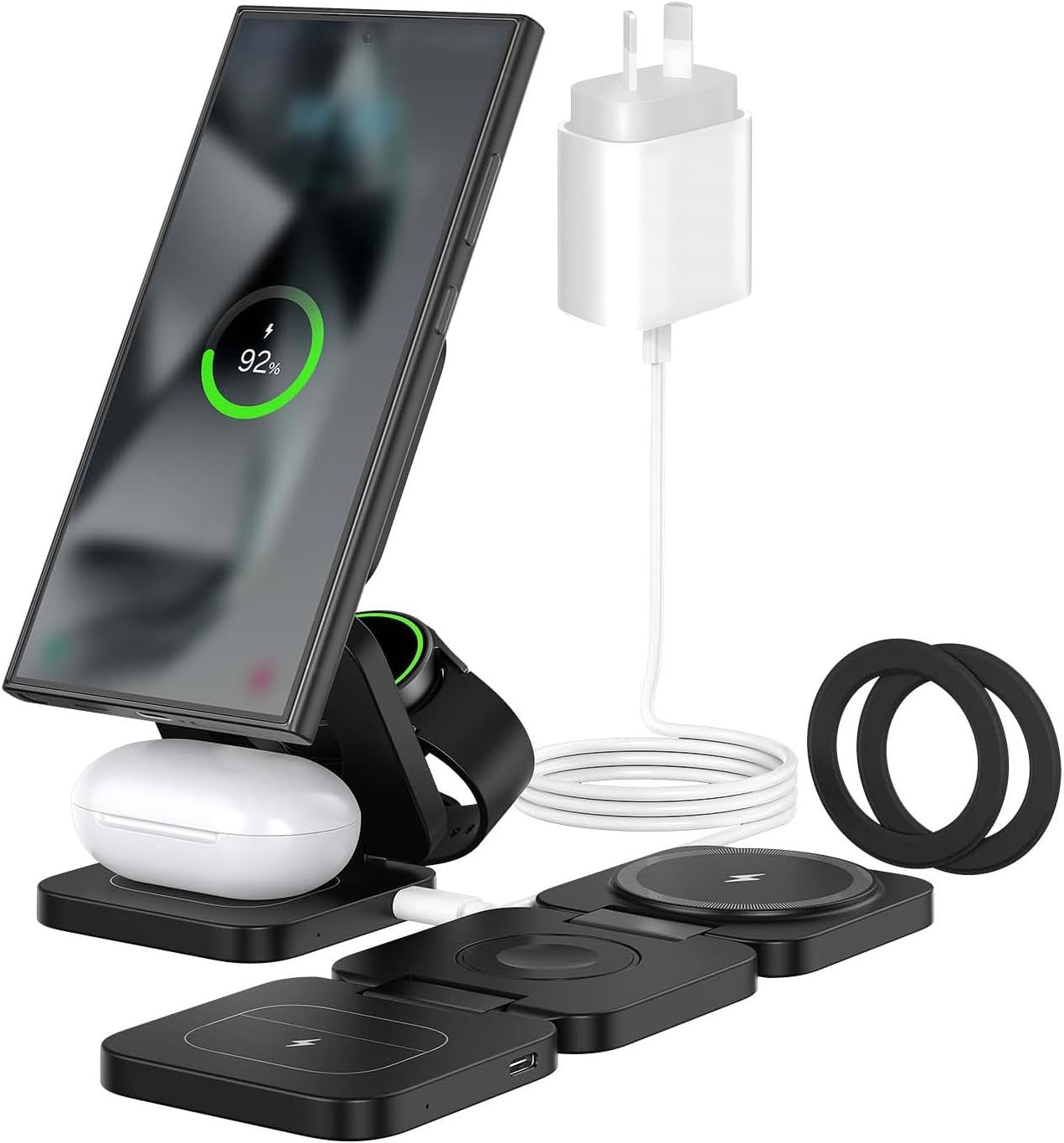KU XIU X55 Ultra 3-in-1 Foldable Magnetic Wireless Charger for Samsung Galaxy S24 S23 S22 Note 20 Z Fold Flip 6 5, Galaxy Watch Ultra 7 6 5, Galaxy Buds - Black