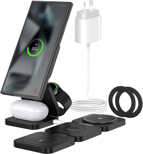 KU XIU X55 Ultra 3-in-1 Foldable Magnetic Wireless Charger for Samsung Galaxy S24 S23 S22 Note 20 Z Fold Flip 6 5, Galaxy Watch Ultra 7 6 5, Galaxy Buds - Black