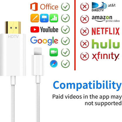 Oliveria iPhone to HDMI Adapter for TV, iPhone to HDMI Cable, HD-MI to i-Phone Adapter, 1080P Digital AV Sync Screen Connector on HDTV/Monitor/Projector, Plug and Play-2 Meter
