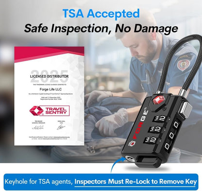 Forge TSA Approved Cable Luggage Locks - Black - Easy Read Dials with Alloy Body