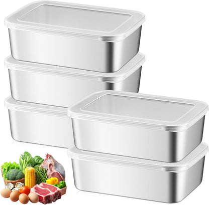 PRITOK Food Storage Container, Stainless Steel Food Storage Containers with Lid, Pack of 5, 1100 ml, Meal Prep Boxes, Reusable Freezer Containers, Food Storage Box for Food, Microwave