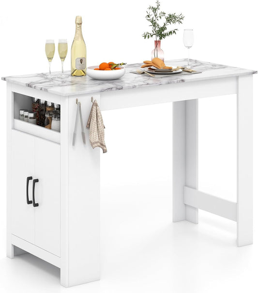 Giantex Bar Table, 47” Counter Height Dining Table with 7 Hanging Hooks, Compartment, Cabinet & Adjustable Shelf, High Top Table, Faux Marble Pub Table for Kitchen Breakfast Nook Small Space, White