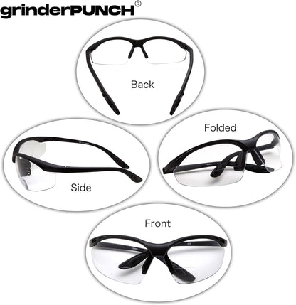 2 Pairs Bifocal Safety Glasses Clear Lens with Reading Corner - Non-Slip Rubber Grip Diopter/+3.00
