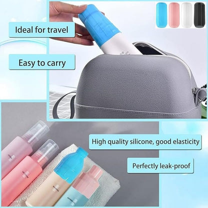 Jindizi 8Pcs Reusable Silicone Leak Proof Sleeves Elastic Sleeves, Elasticity Silicone Leak Locks for Travel Sized Toiletries Skins,Travel Bag and Carry-on Luggage (Blue/Black/White/Pink)