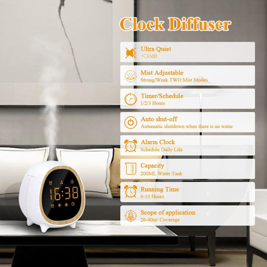 SOICARE Clock Essential Oil Diffuser,Screen Touch Control Aromatherapy Air Scent Diffusers for Home Bedroom Student,Multi-Function Alarm Clock/Light/Mist/Timer 200ML