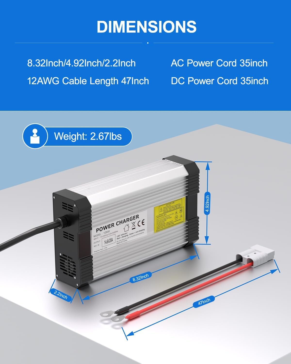 LiFePO4 Battery Charger 12V 20A, AC-DC Smart Lithium Battery Charger for 12.8V LiFePO4 Lithium Batteries, 20A Fast Charging for Solar, Marine, RV, Trolling Motor Batteries
