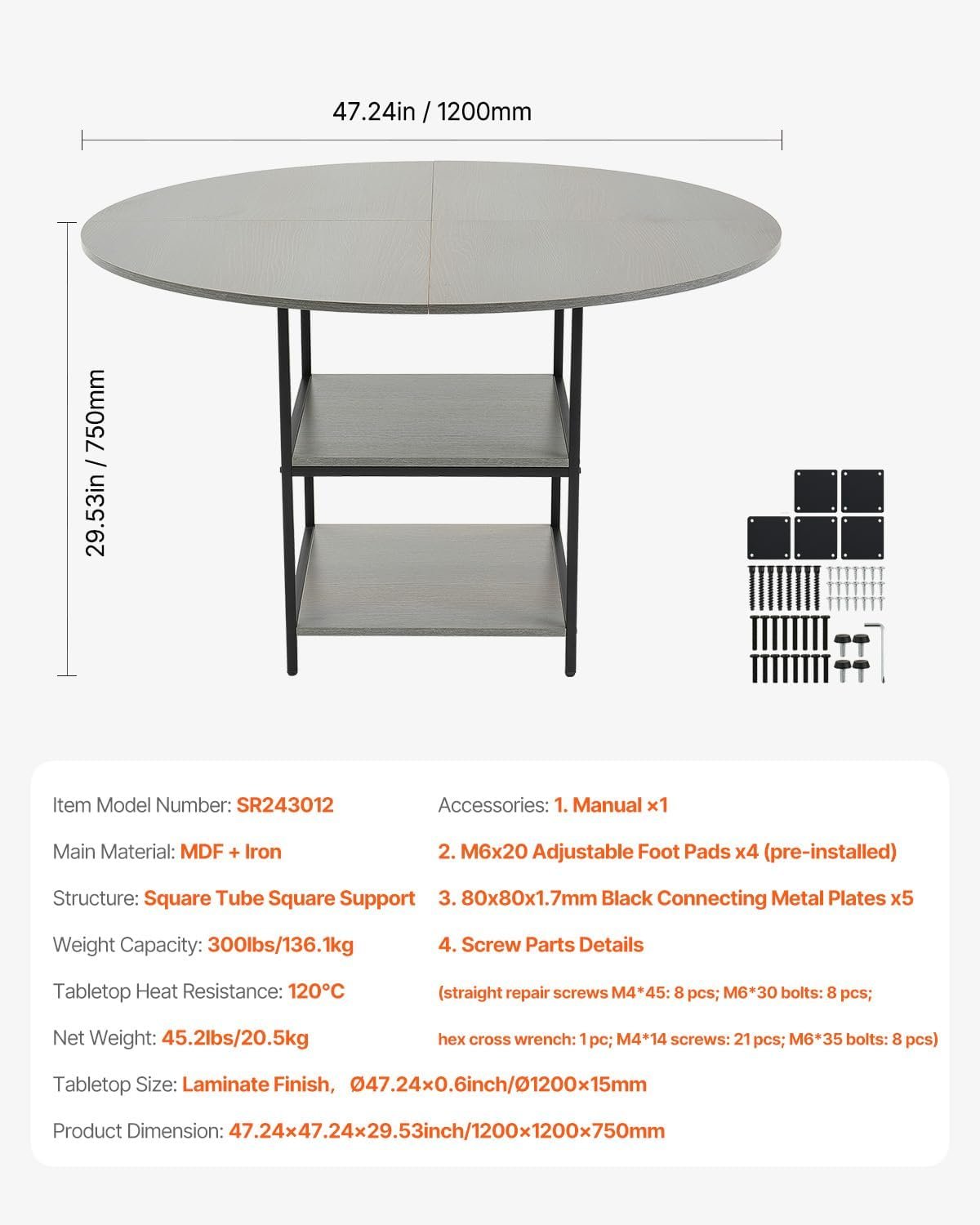 VEVOR Round Dining Table, 47 inch Wood Table for 2-4 Person, Modern Circle Dinner Furniture, Leisure Tables with Storage Shelf and Metal Legs, for Home Kitchen Living Room, Grey (Only Table)