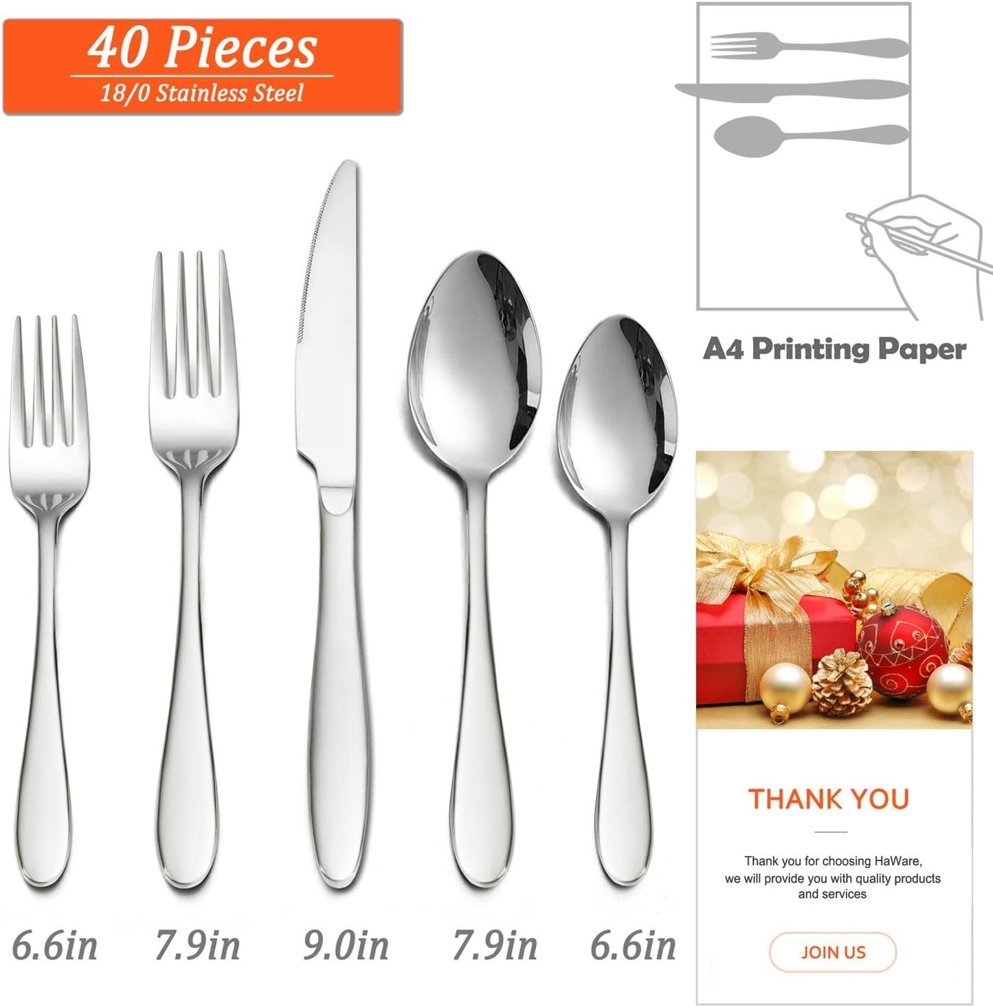 HaWare 40-Piece Silverware Set, Stainless Steel Flatware Service for 8, Modern Tableware Cutlery for Home, Elegant Eating Utensils Include Knives/Spoons/Forks, Mirror Polished, Dishwasher Safe