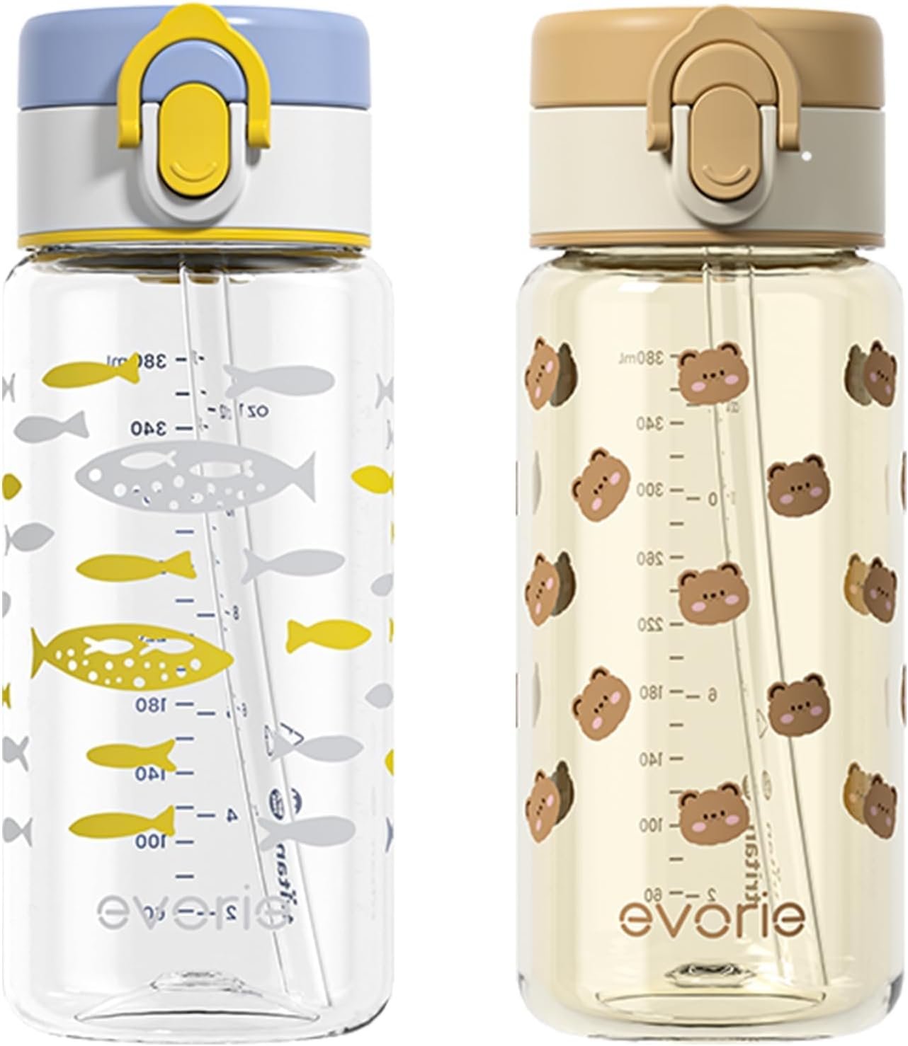 Evorie Tritan Kids Water Bottle for School with Strawï¼Œ13oz BPA Free Drinking Cup ï¼ŒLightweight Leak Proofï¼ˆHoney Bear+Ocean Blueï¼‰