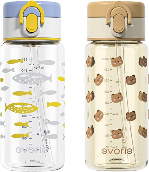Evorie Tritan Kids Water Bottle for School with Strawï¼Œ13oz BPA Free Drinking Cup ï¼ŒLightweight Leak Proofï¼ˆHoney Bear+Ocean Blueï¼‰