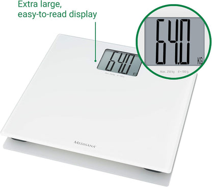medisana PS 470 Digital XL Personal Scale up to 250 kg / 551 lbs Bathroom Scales Made of Tempered Safety Glass and Automatic Switch-Off