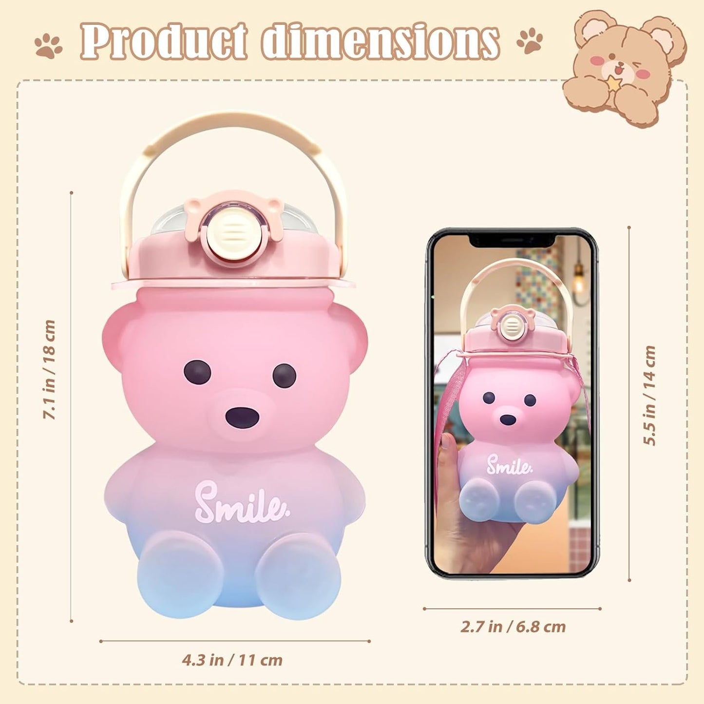 UPZAI Cute Bear Water Bottle: 32oz Kawaii Kids Water Bottles with Strap and Straw - Leak-proof Plastic Drinking Cups for Girls Women School Sports Camping Picnic Hiking Travel (Pink-blue)
