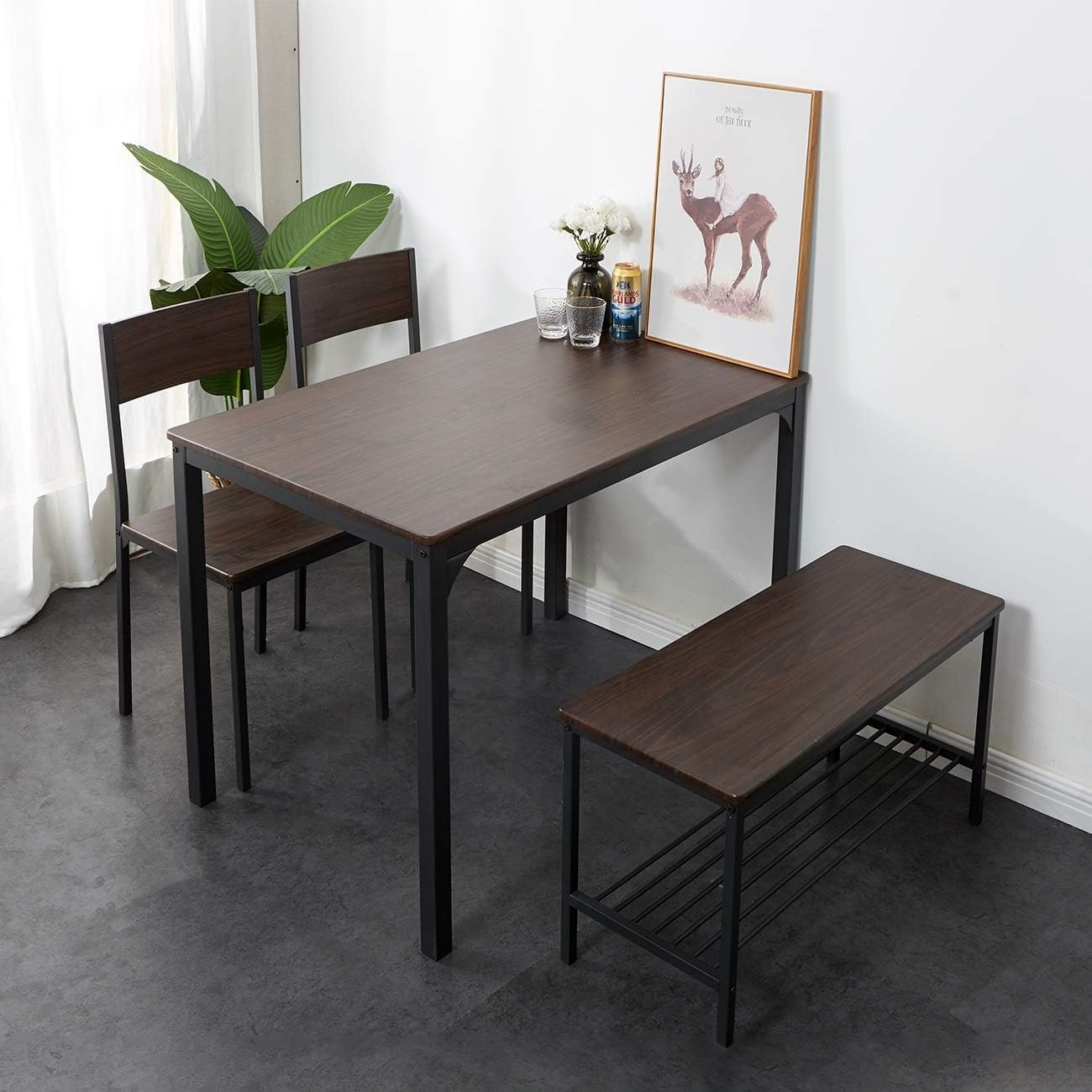 SDHYL Dining Table Set for 4 with Two Chairs and One Bench 4 Pieces Set Wooden Table Top with Metal Legs for Breakfast in Living Room, Kitchen Room, Dining Room,Space Saving Kitchen Table Set