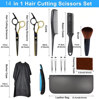 Hairdressing Scissors, Hair Thinning Scissors, Hair Scissors, 14 Professional Stainless Steel Hair, with Barber Cape, Comb and Clip for Men, Women, Children