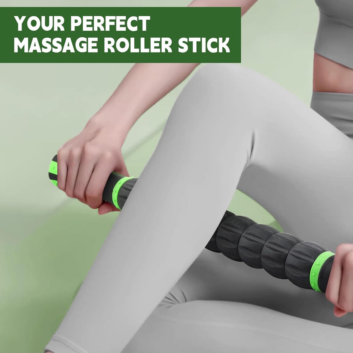 INSCOOL Massage Roller Stick,Muscle Roller Stick for Athletes,Liposuction Massage Roller for Lymphatic Drainage, for Relief Muscle Soreness, Help Runner Legs, Back Recovery (Light Green & Black)