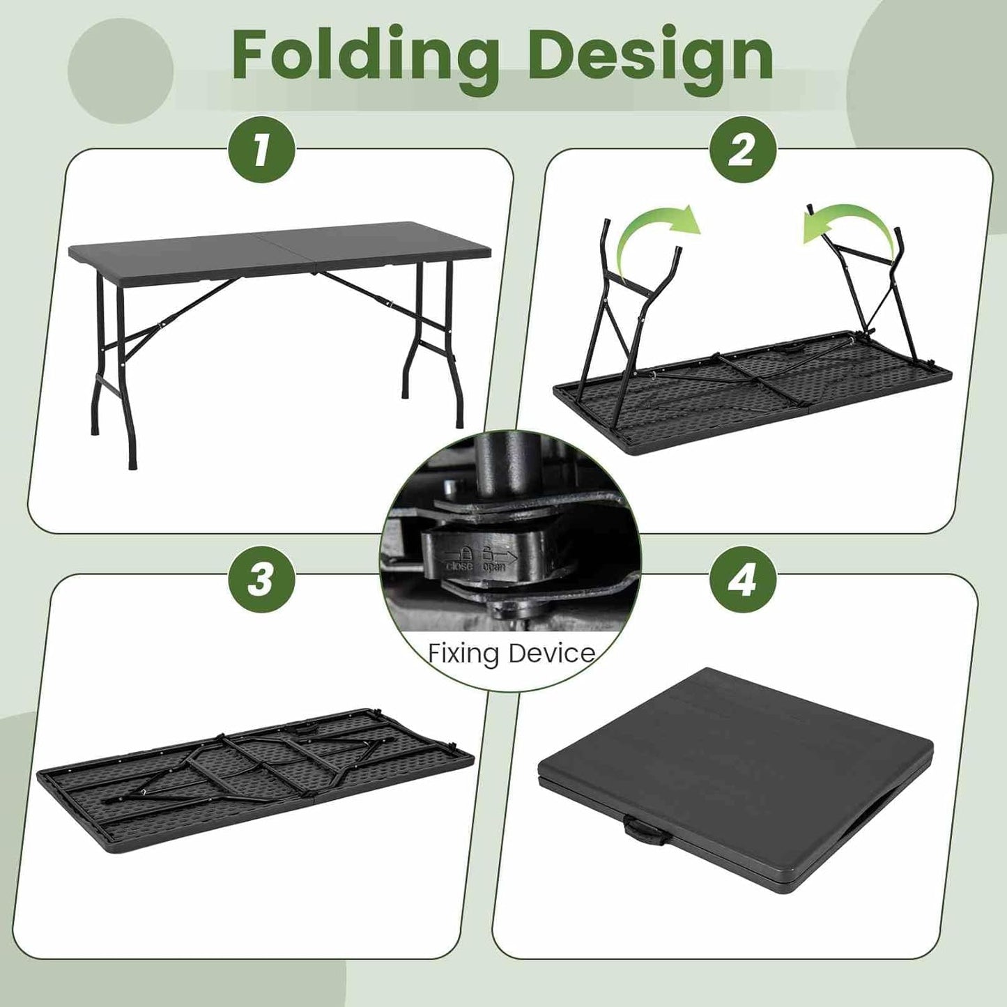 Costway 1.5m Folding Picnic Table, Outdoor Dining Table w/Wood Grain HDPE Tabletop, Sturdy Metal Fame, Non-Slip Foot Pads, 4-6 Person Camping Table for Patio Garden Deck Yard