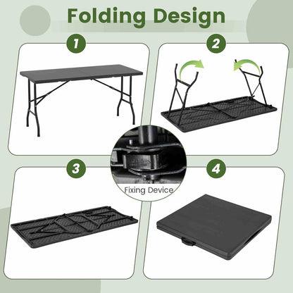 Costway 1.5m Folding Picnic Table, Outdoor Dining Table w/Wood Grain HDPE Tabletop, Sturdy Metal Fame, Non-Slip Foot Pads, 4-6 Person Camping Table for Patio Garden Deck Yard