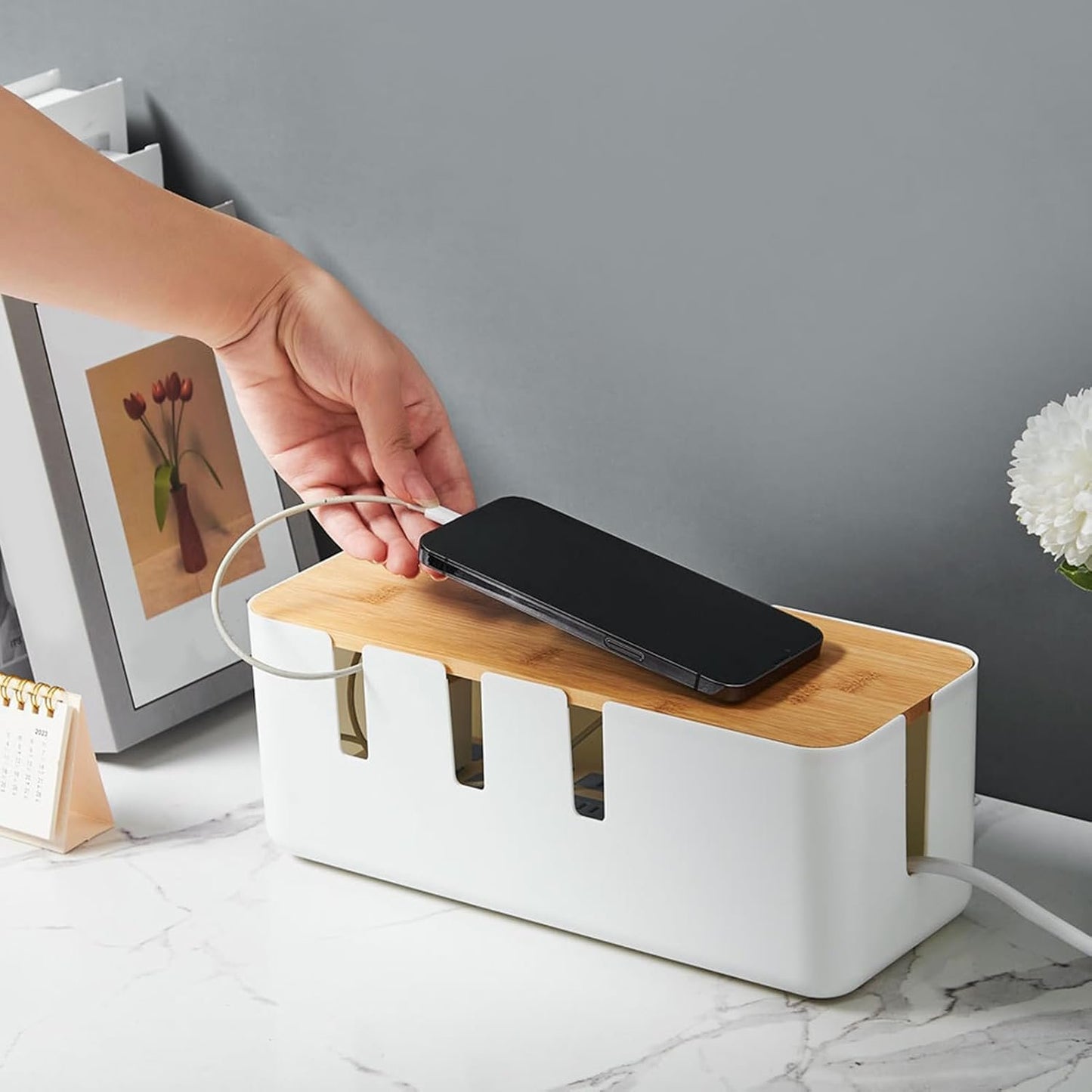 Cable Box Organizer | Cable Hiding Box | with Wood Lid Cord Case TV Power Strip for Surge Protection Home Living Room Workplace Setup Computer Desk Workstation