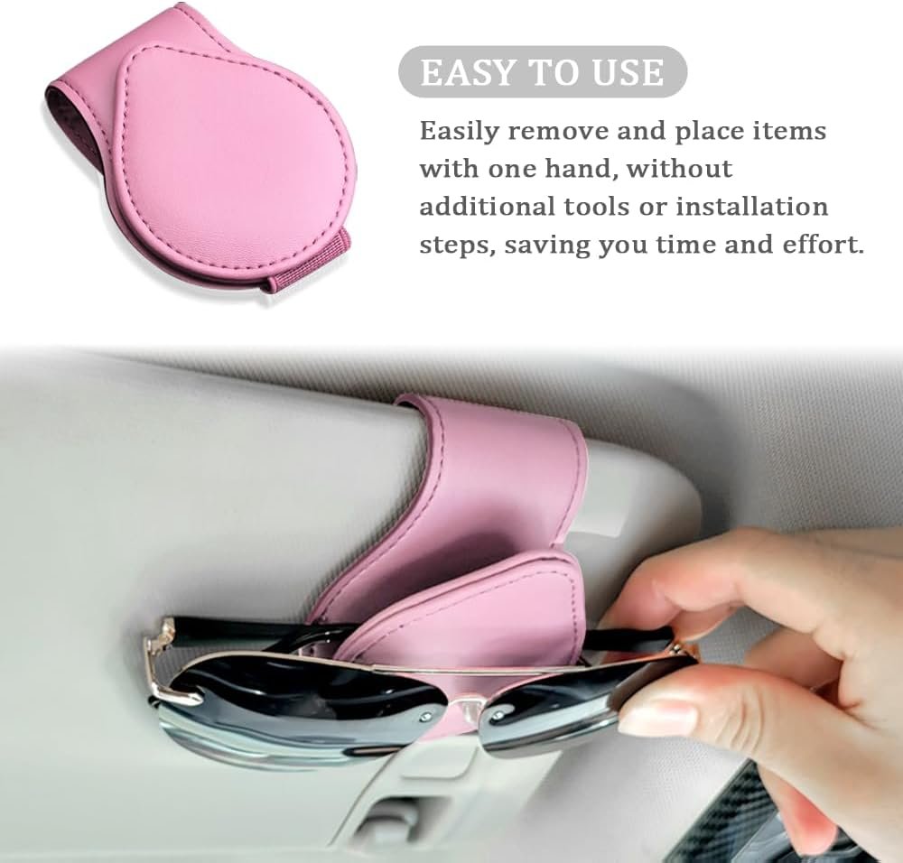 Sunglasses Holder for Car Visor,Magnetic Leather Car Sunglasses Holder Clip Organizes Glasses Tickets Cards & Keeps Car Tidy,Universal Car Accessories Interior Fits All Vehicle Model (Pink)
