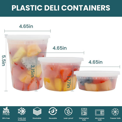 WGCC Deli Containers With Lids 48 Sets - Disposable Soup Container 8oz, 16oz, 32oz - Plastic Food Storage, Leakproof, BPA Free, Microwave/Freezer/Dishwasher Safe