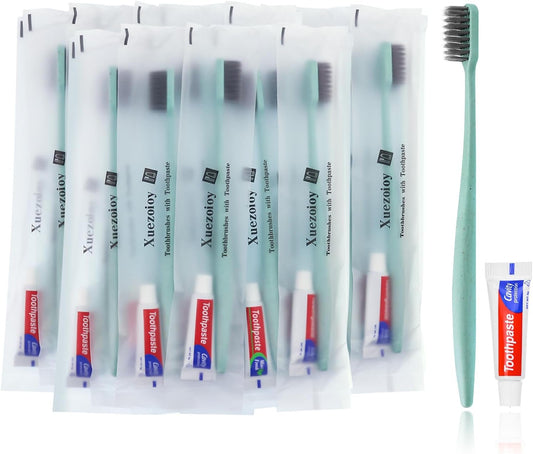 Disposable Toothbrushes with Toothpaste,30 Pack Green Bulk Toothbrushes Individually Wrapped Travel Toothbrush and Toothpaste Kit for Homeless,Nursing Home,Hotel,Charity