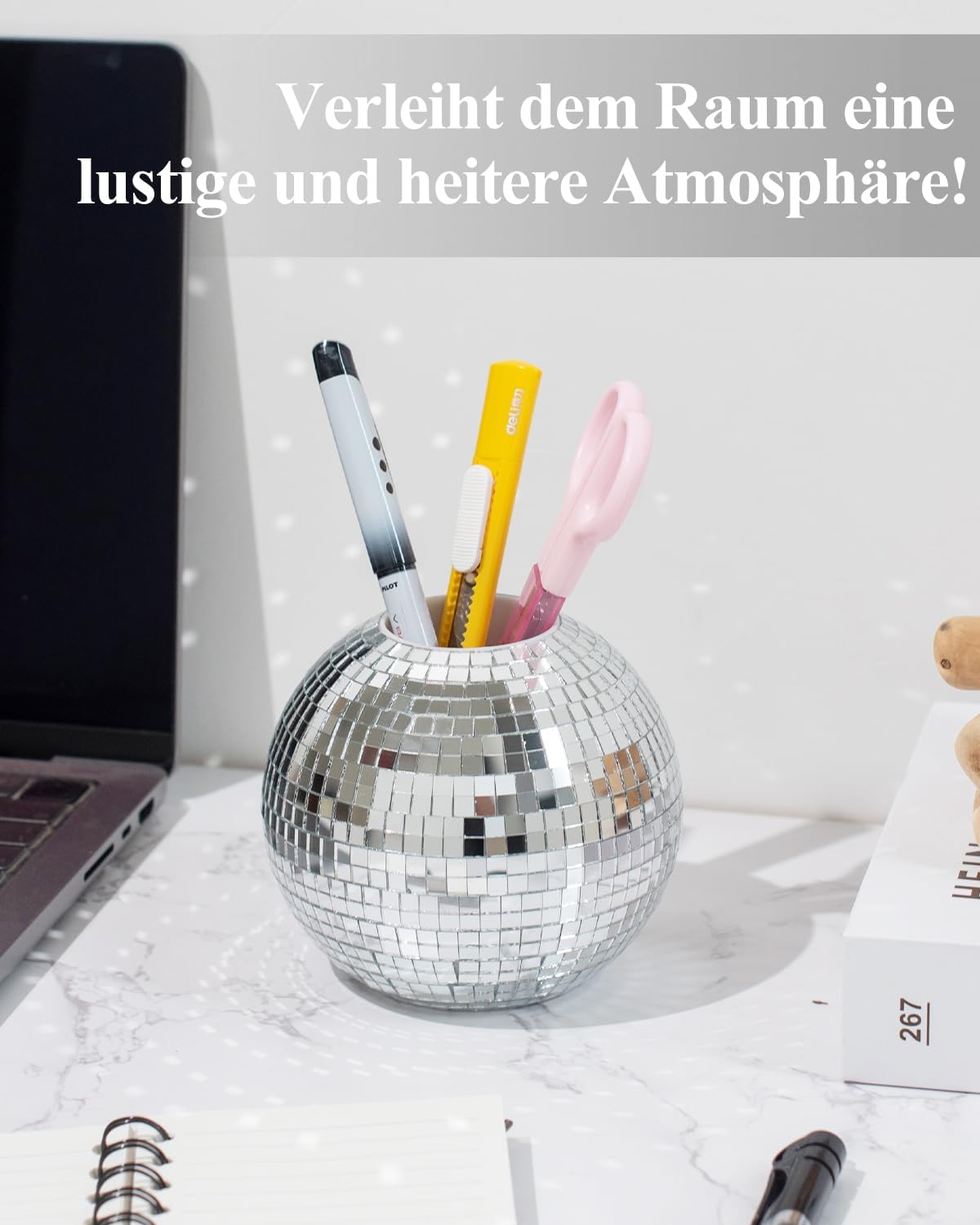 RGBDOT Disco Ball Desk Pencil Holder - Disco Ball Pen & Make Up Brush Organizer with Silver Sequins, Disco Accessory, Office Home or Bedroom Decor, 4 in