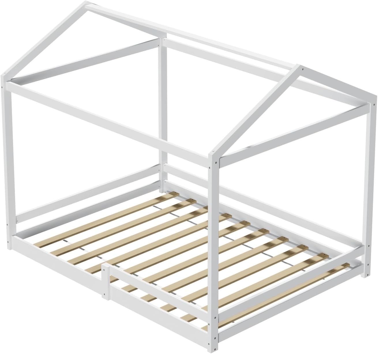 Oikiture Kids Double Bed Frame, Wooden Bed Frame with Pine Wood Timber Platform Bed Slat Support for Baby Toddler, White