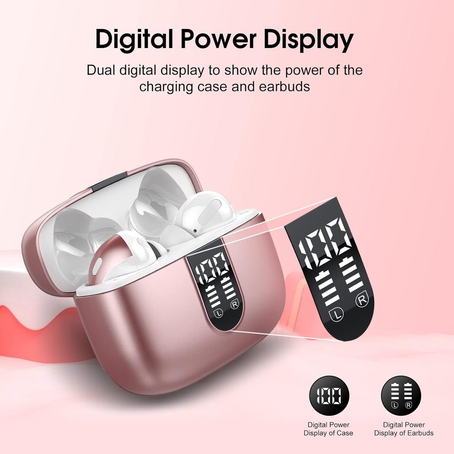 Wireless Earbuds, Bluetooth 5.3 Headphones with 4 ENC Call Noise Cancelling Mics, Bass Boost 85%, IPX7 Waterproof, 50Hrs Playtime, Mini Earbuds for Work, Sleep, Travel, USB-C, Rose